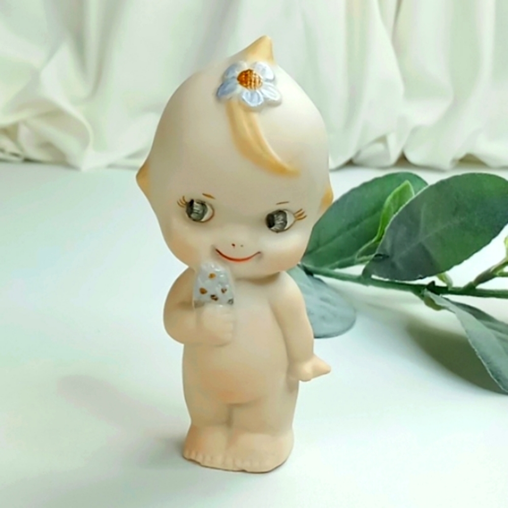 Vintage "Kewpie Like" Rendition of Baby Holding Flowers Hand Painted Ceramic